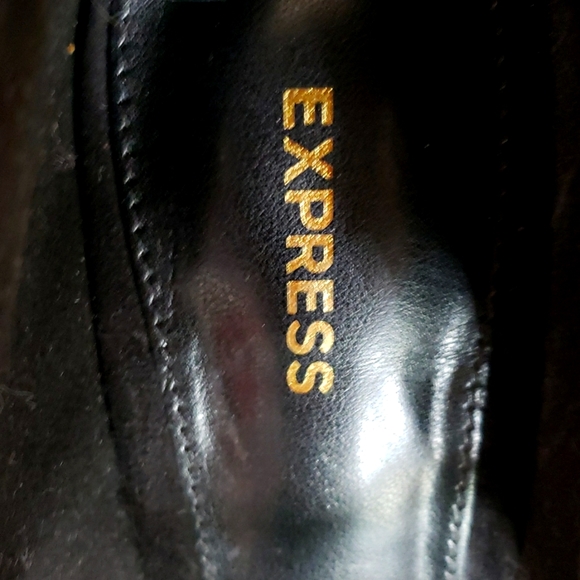 Express black suede platform heels with gold straps. Size 7 - Picture 2 of 6